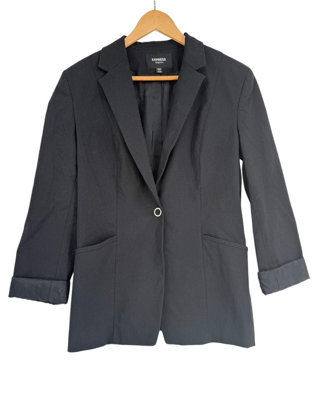 Express Black Stretch One-snap Blazer Women's Size 13-14 Satin Cuffs Pockets